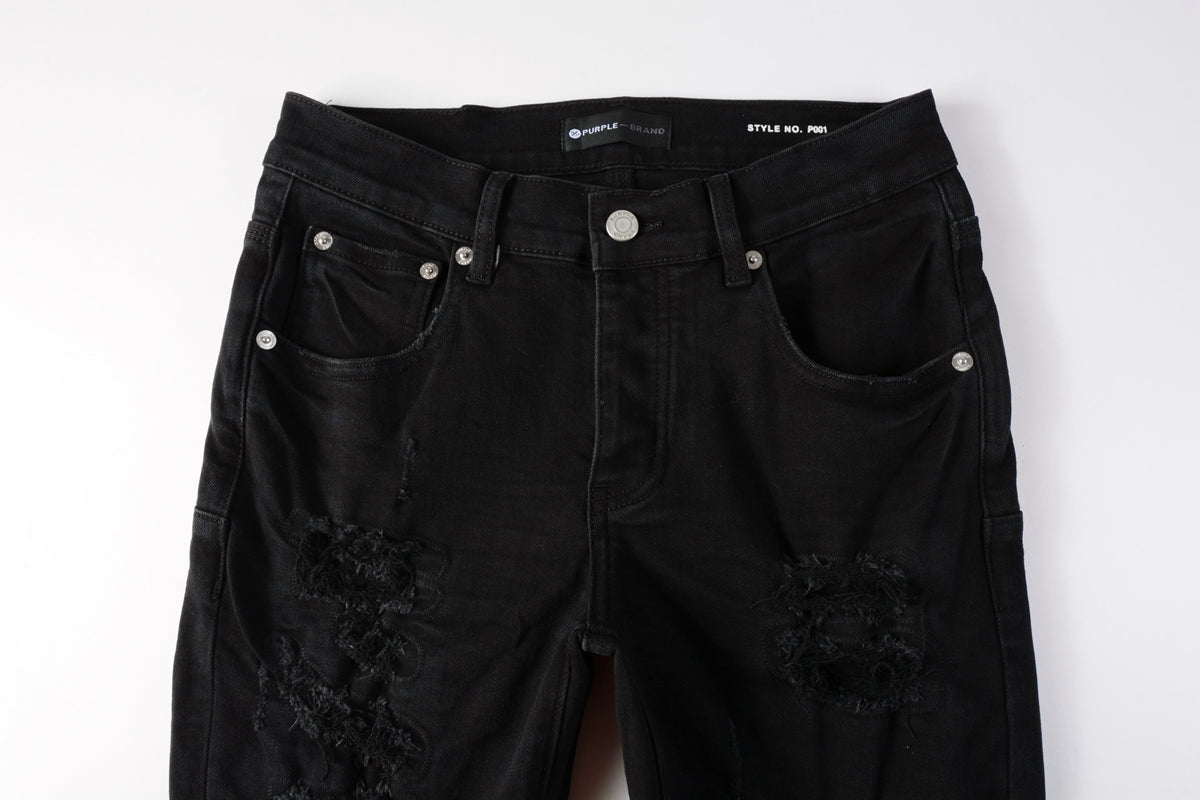 PURPLE Men Distressed Black Skinny Jeans with Heavy Ripped Design and Grunge Streetwear Vibe 9108