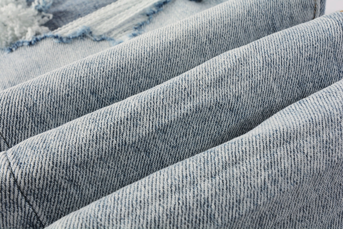 PURPLE Men Streetwear Skinny Jeans Light Blue Wash with Knee Ripped Details and Black Lining 9010