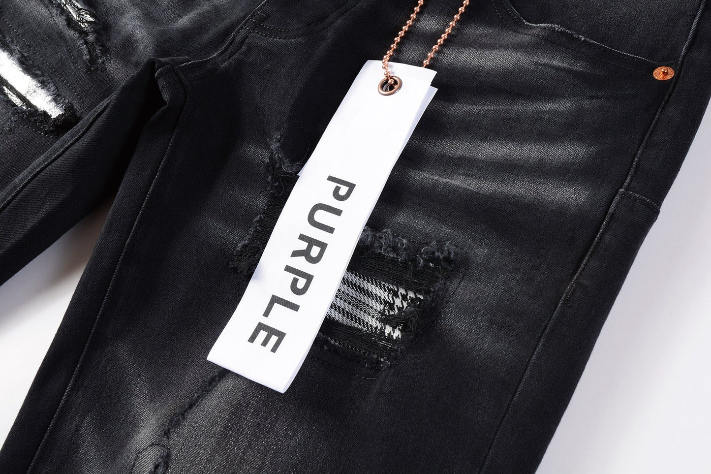 PURPLE Men Streetwear Skinny Jeans Black Wash with Distressed Rips, Checkered Patches and White Paint Splatter 9001