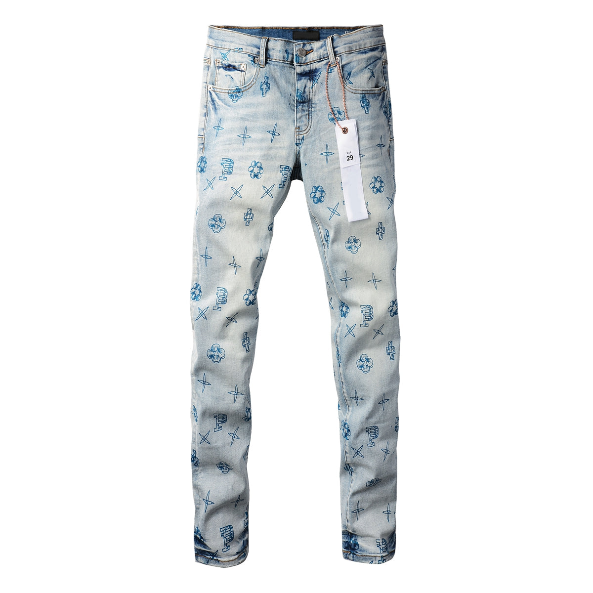 PURPLE Men Streetwear Skinny Jeans Light Blue Wash with White Paint Brush Strokes 9063