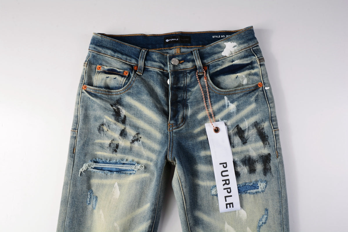 PURPLE Men Classic Streetwear Jeans DistressedBlue Paint Slash Skinny 9037
