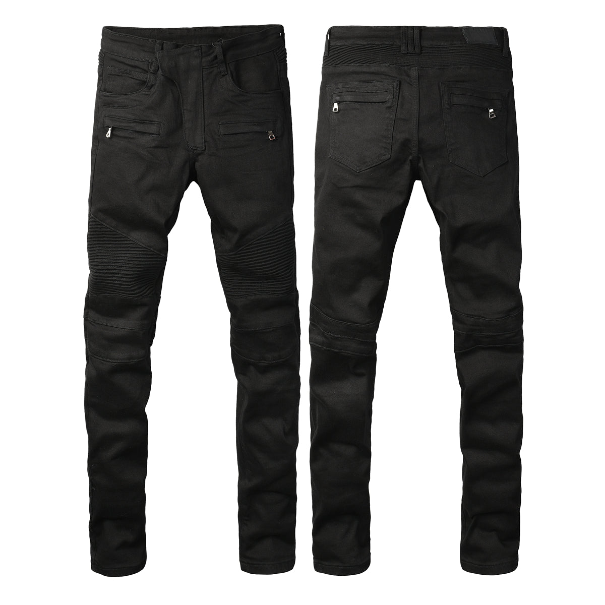 PURPLE Men Streetwear Biker Skinny Jeans Black with Knee Pleats and Zipper Pockets 0964