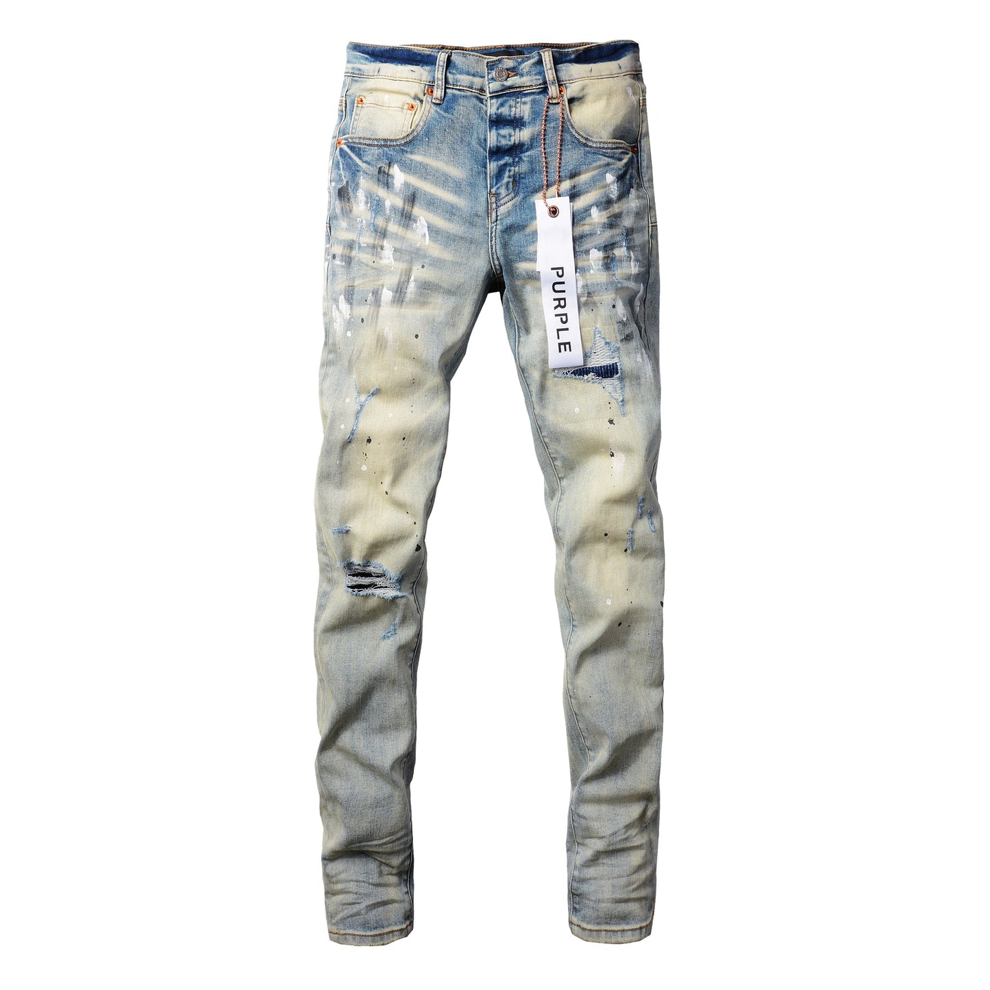 PURPLE Men Streetwear Skinny Jeans Light Blue Wash with White Paint Splatter and Distressed Rips 9007
