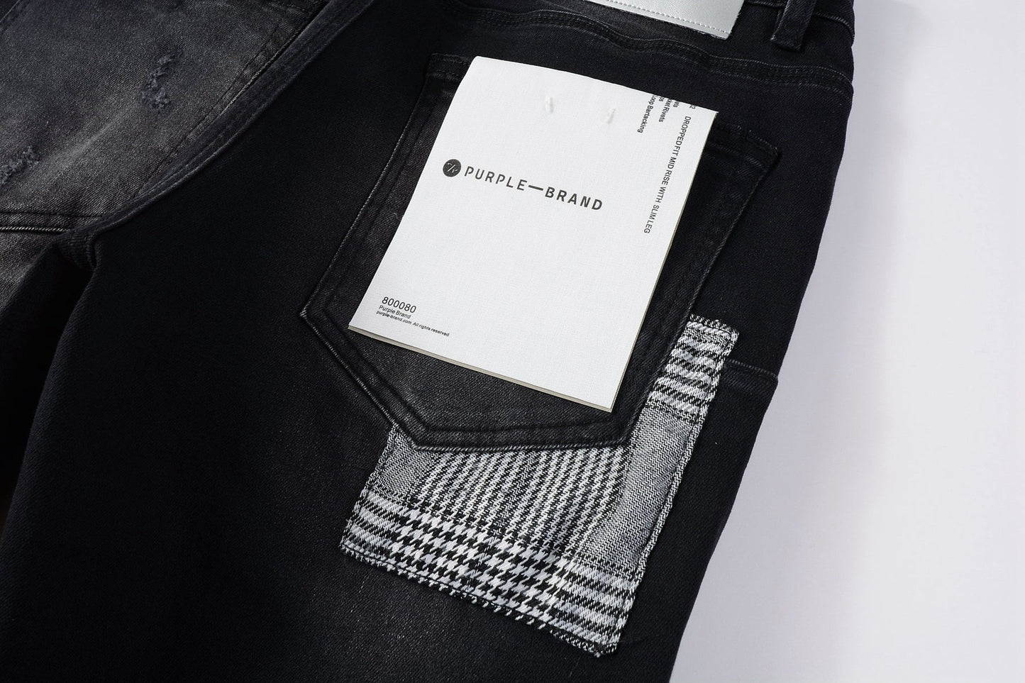 PURPLE Men Streetwear Skinny Jeans Black Wash with Distressed Rips, Checkered Patches and White Paint Splatter 9001