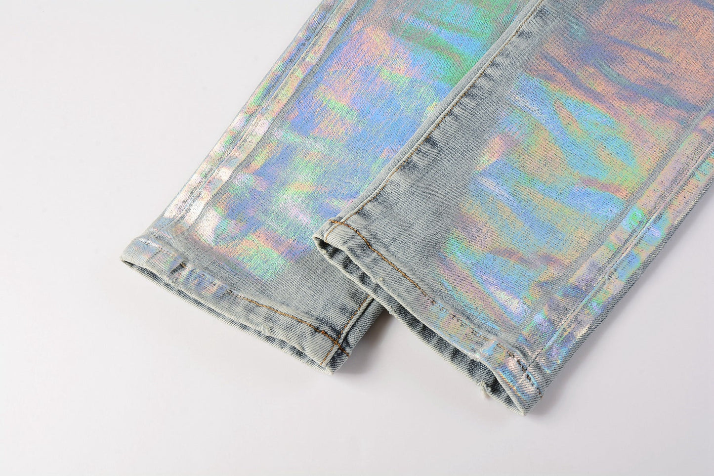 PURPLE Men Streetwear Skinny Jeans Light Blue Wash with Holographic Iridescent Finish 9005
