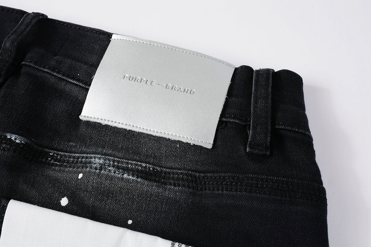 PURPLE Men Streetwear Skinny Jeans Black Fade Wash with White Paint Splatter and Distressed Rips 9002