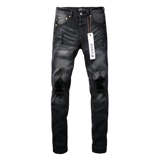 PURPLE Men Streetwear Skinny Jeans Black Wash with Knee Ripped Details 9029