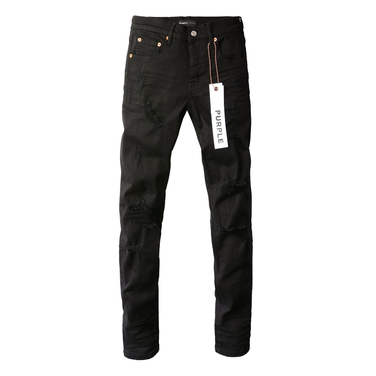 PURPLE Men Streetwear Skinny Jeans Black Wash with Distressed Rip Details 9022