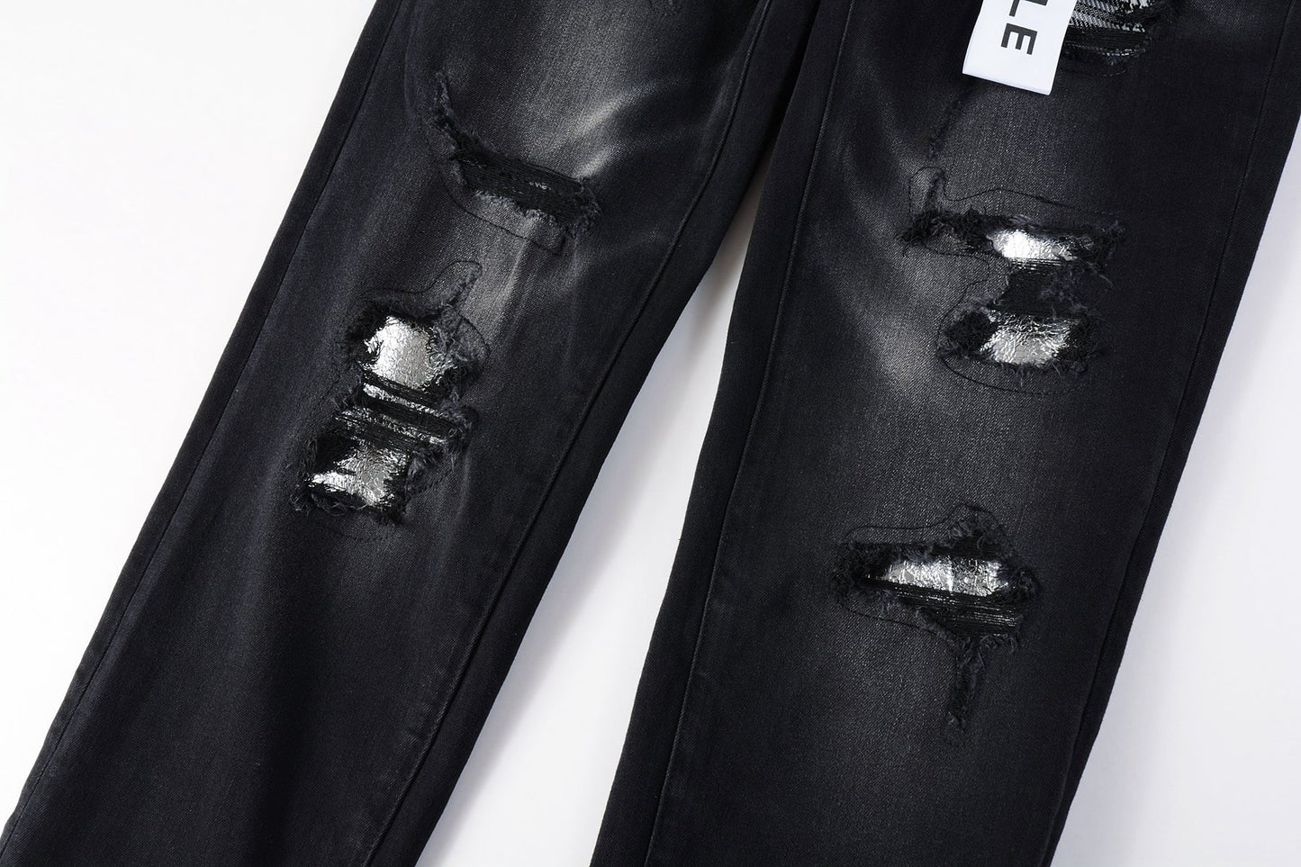 PURPLE Men Streetwear Skinny Jeans Black Wash with Distressed Rips, Checkered Patches and White Paint Splatter 9001