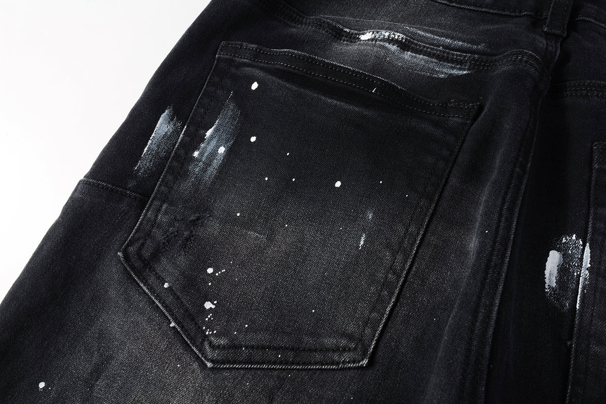 PURPLE Men Streetwear Skinny Jeans Black Fade Wash with White Paint Splatter and Distressed Rips 9002