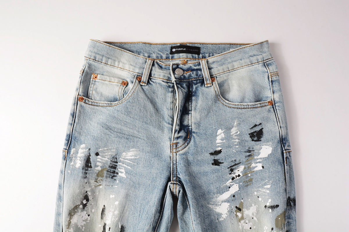 PURPLE Men Streetwear Jeans Light Blue Paint Splash Distressed Ripped skinny 9100