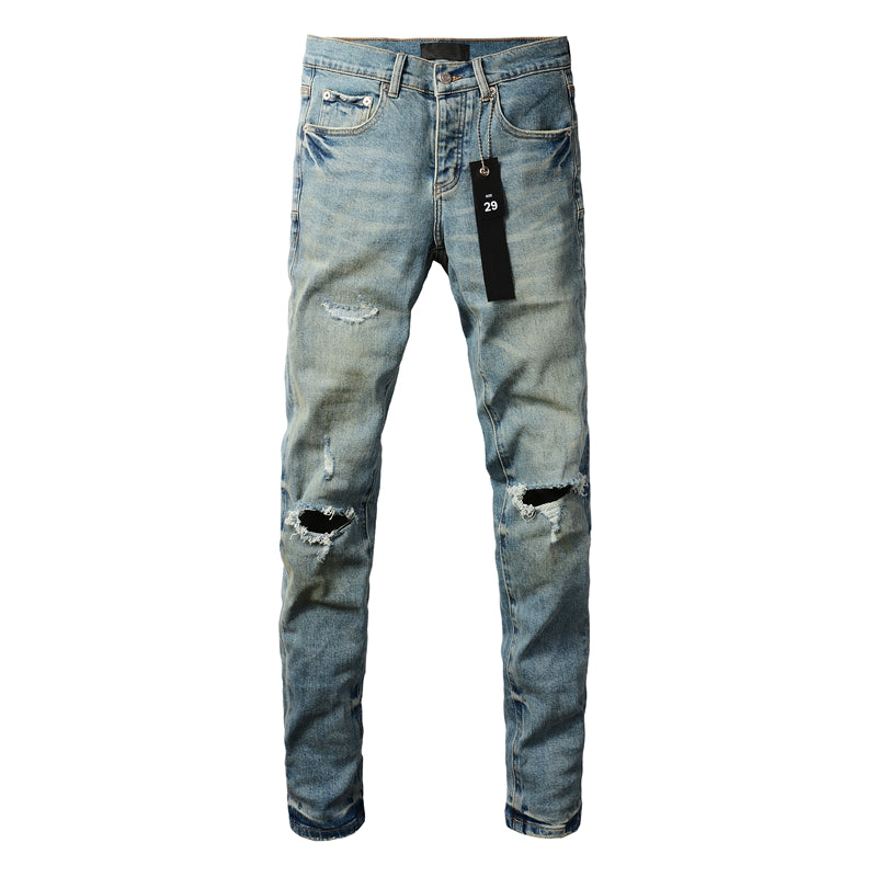 PURPLE Men Streetwear Skinny Jeans Light Blue Wash with Distressed Ripped Knee Details 9076
