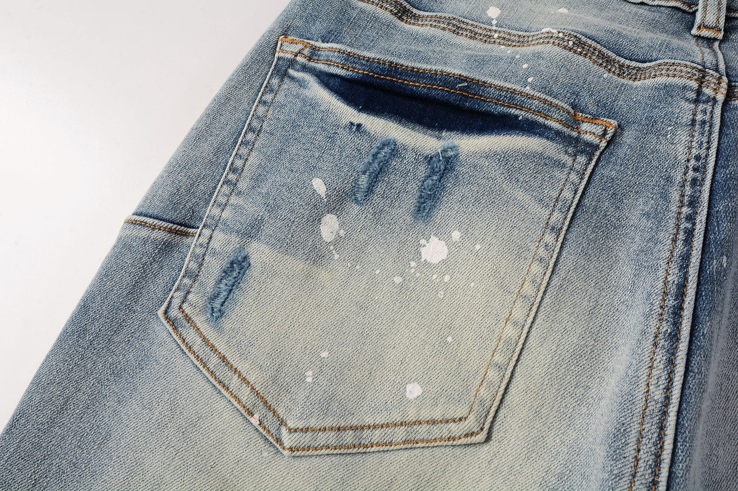 PURPLE Men Streetwear Skinny Jeans Light Blue Wash with Heavy Distressed Rips and White Paint Splatter 9003