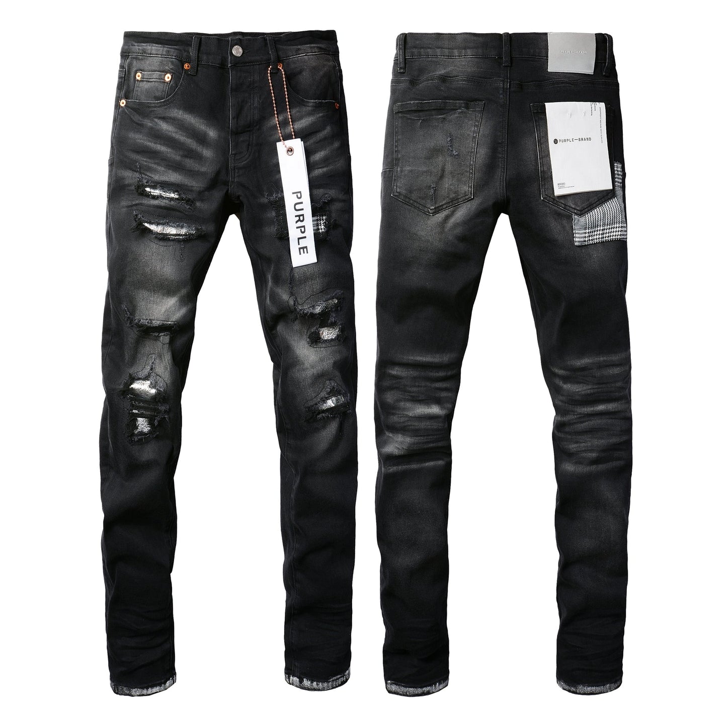 PURPLE Men Streetwear Skinny Jeans Black Wash with Distressed Rips, Checkered Patches and White Paint Splatter 9001