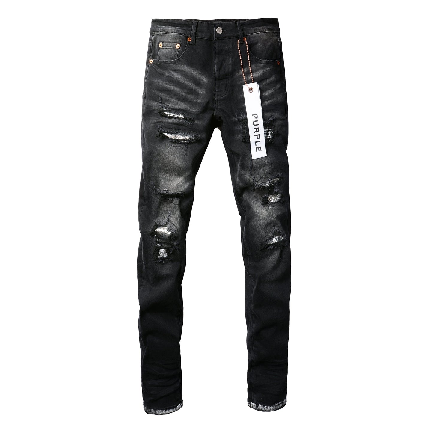 PURPLE Men Streetwear Skinny Jeans Black Wash with Distressed Rips, Checkered Patches and White Paint Splatter 9001