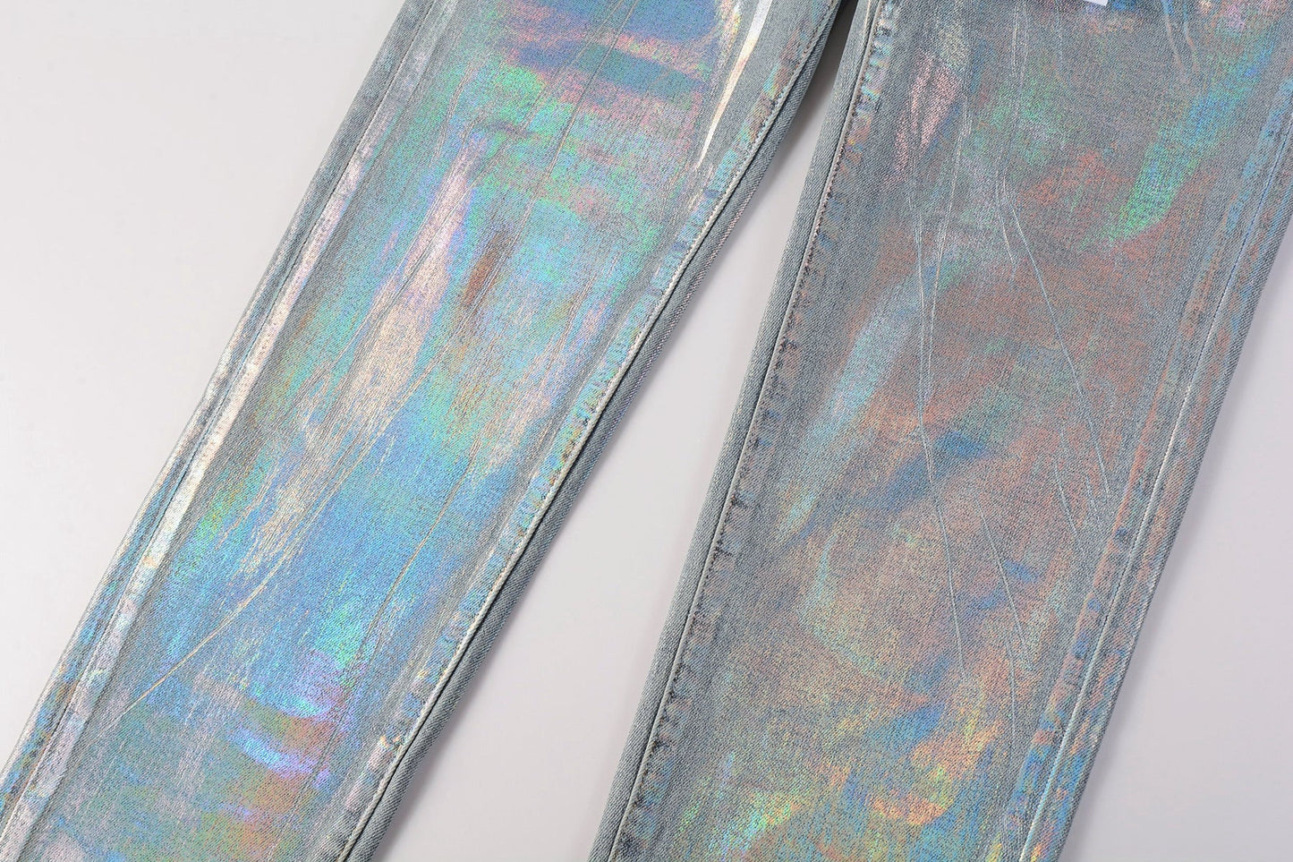 PURPLE Men Streetwear Skinny Jeans Light Blue Wash with Holographic Iridescent Finish 9005
