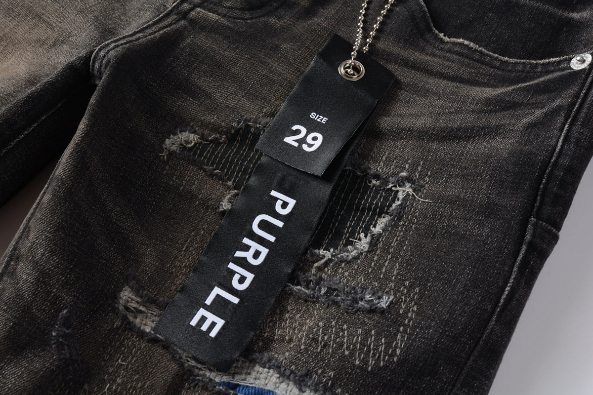 PURPLE Men Streetwear Skinny Jeans Dark Gray Wash with Multi - Color Patched Distressed Details 9080