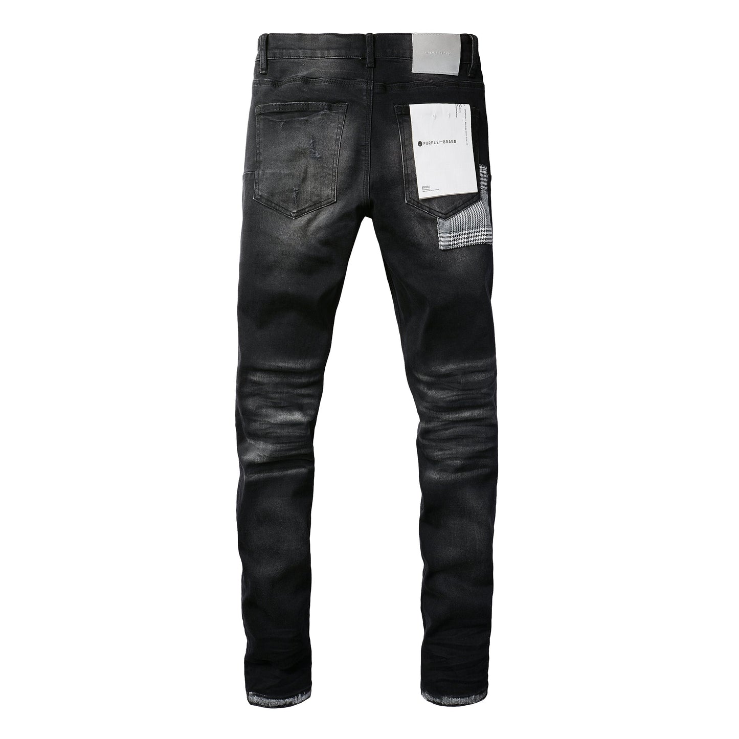 PURPLE Men Streetwear Skinny Jeans Black Wash with Distressed Rips, Checkered Patches and White Paint Splatter 9001