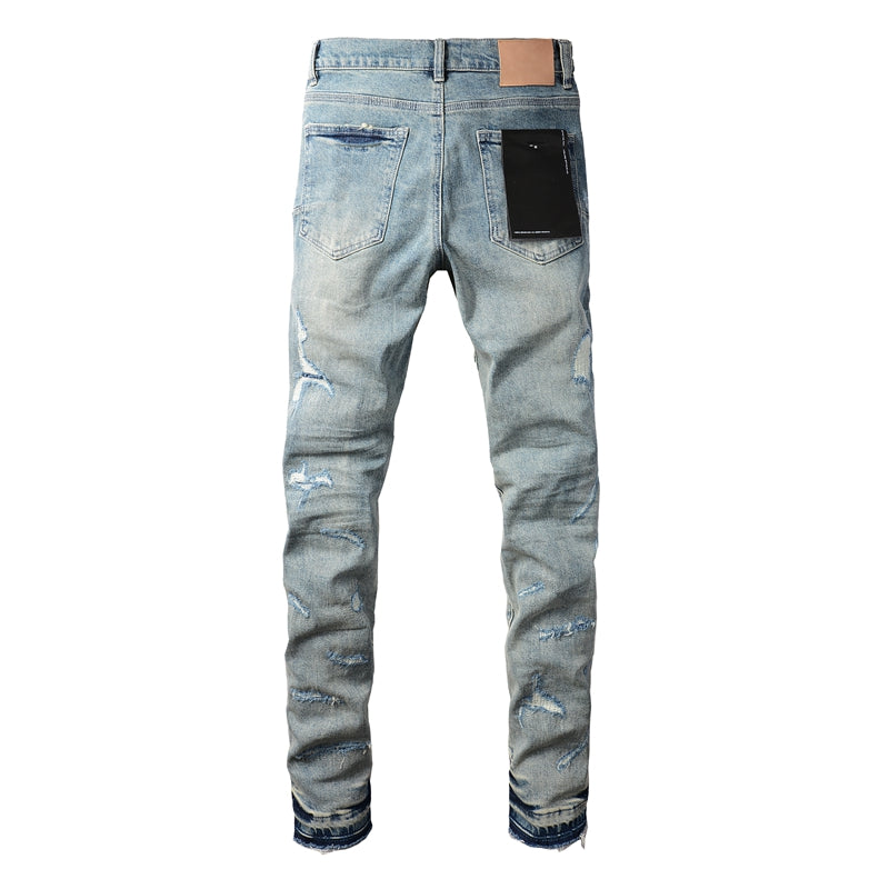 PURPLE Men Streetwear Skinny Jeans Light Blue Wash with Multi-Color Paint Splatter and Distressed Rips 9072