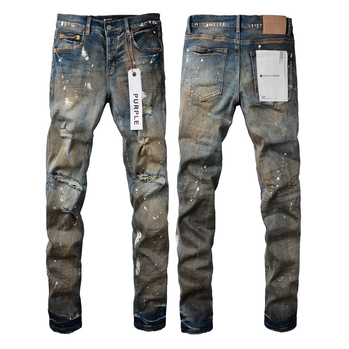 PURPLE Men Streetwear Skinny Jeans Light Blue Wash with Distressed Rips and White Paint Splatter 9012