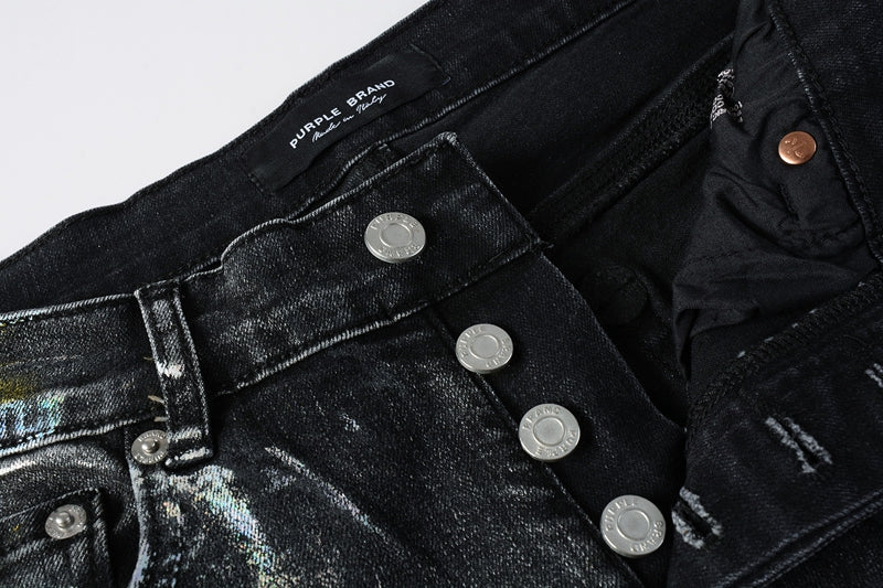 PURPLE Men Streetwear Skinny Jeans Black Wash with Colorful Graffiti Paint Splash 9078