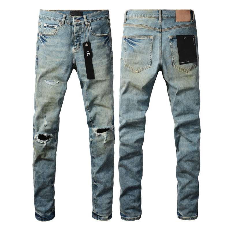 PURPLE Men Streetwear Skinny Jeans Light Blue Wash with Distressed Ripped Knee Details 9076