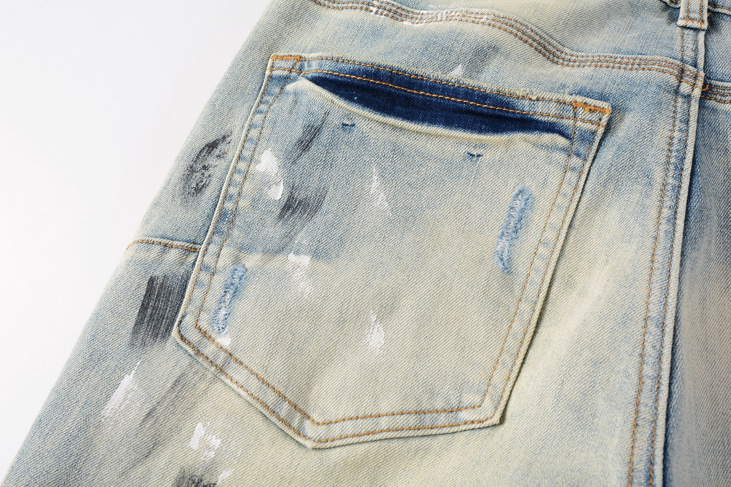 PURPLE Men Streetwear Skinny Jeans Light Blue Wash with White Paint Splatter and Distressed Rips 9007
