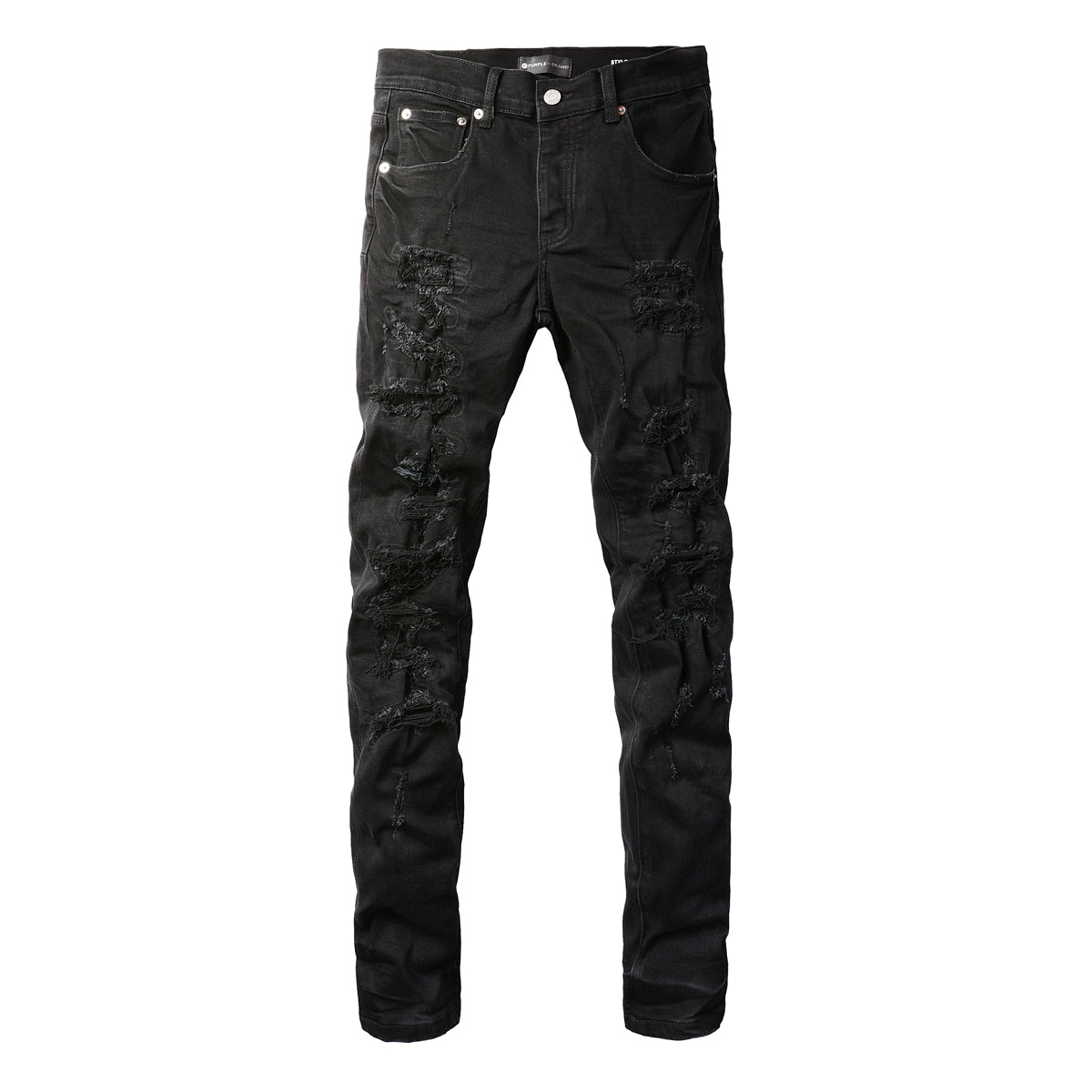 PURPLE Men Distressed Black Skinny Jeans with Heavy Ripped Design and Grunge Streetwear Vibe 9108