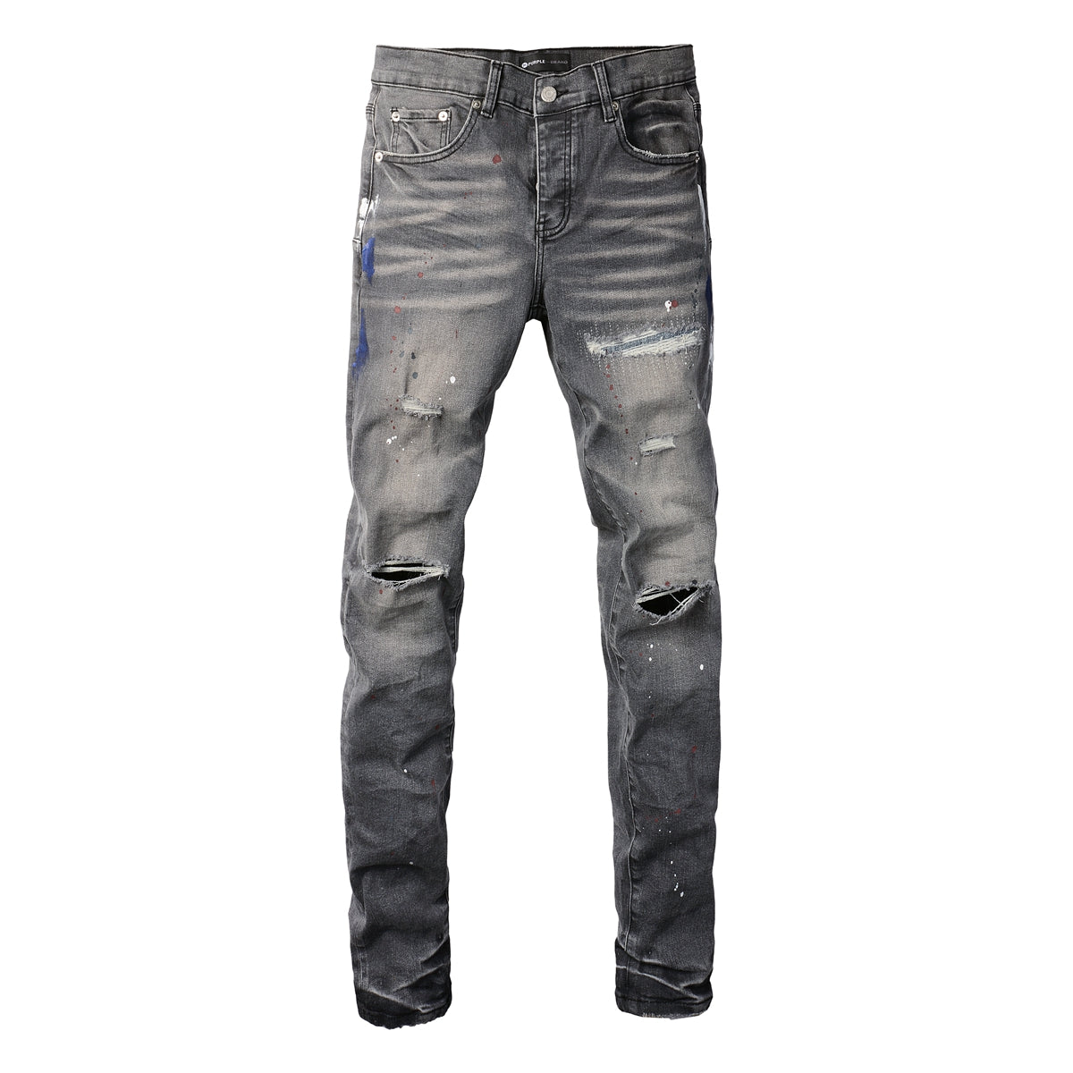 PURPLE Men Streetwear Distressed Grey Skinny Jeanswith Color Paint Splatter and Knee Rips 9107