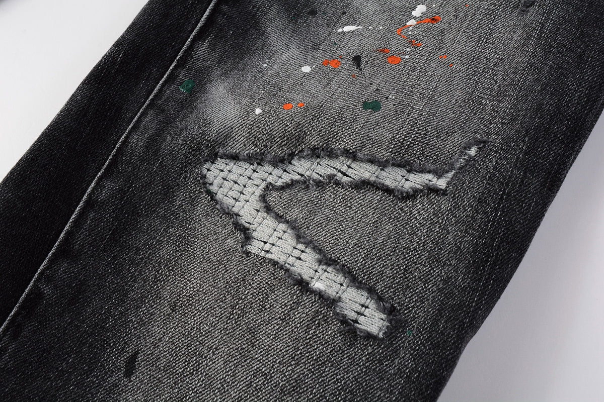 PURPLE Men Streetwear Skinny Jeans Dark Gray Wash with Distressed Rips and Multi-Color Paint Splatter 9018
