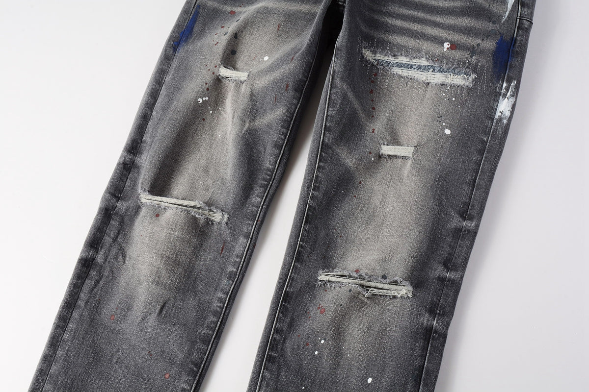PURPLE Men Streetwear Distressed Grey Skinny Jeanswith Color Paint Splatter and Knee Rips 9107