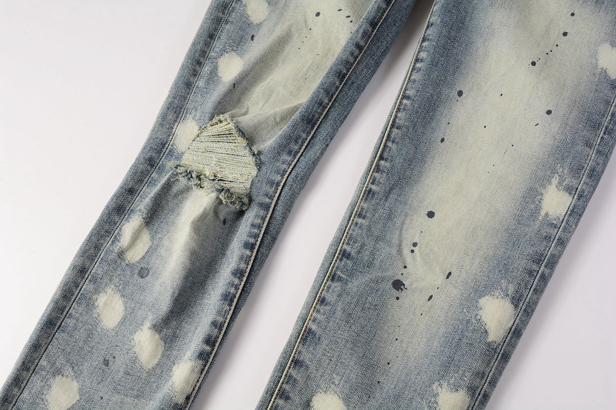 PURPLE Men Streetwear Jeans Distressed Light Blue Paint Dot Ripped skinny 9092