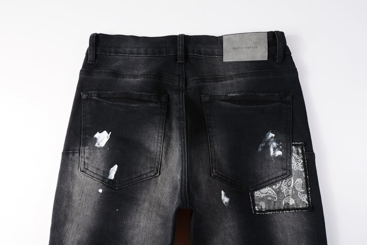 PURPLE Men Streetwear Jeans Distressed Black Paint Splash Patch Ripped skinny 9099