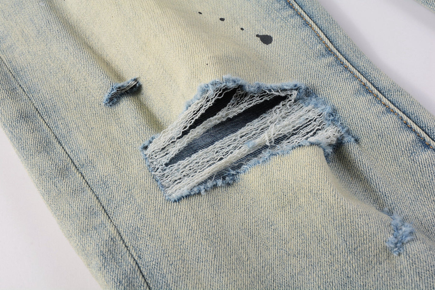 PURPLE Men Streetwear Skinny Jeans Light Blue Wash with White Paint Splatter and Distressed Rips 9007