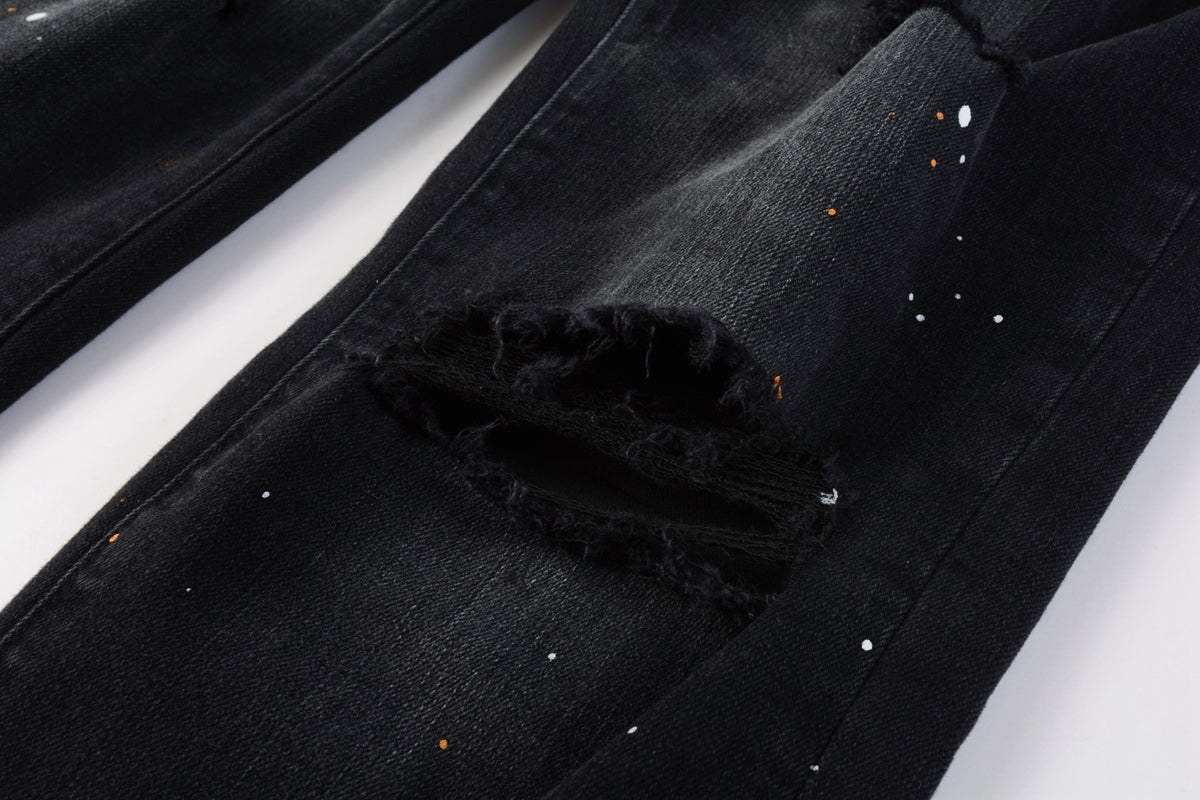 PURPLE Mens Jeans - Distressed Black Denim with Knee Slit and Ripped Hole 9045