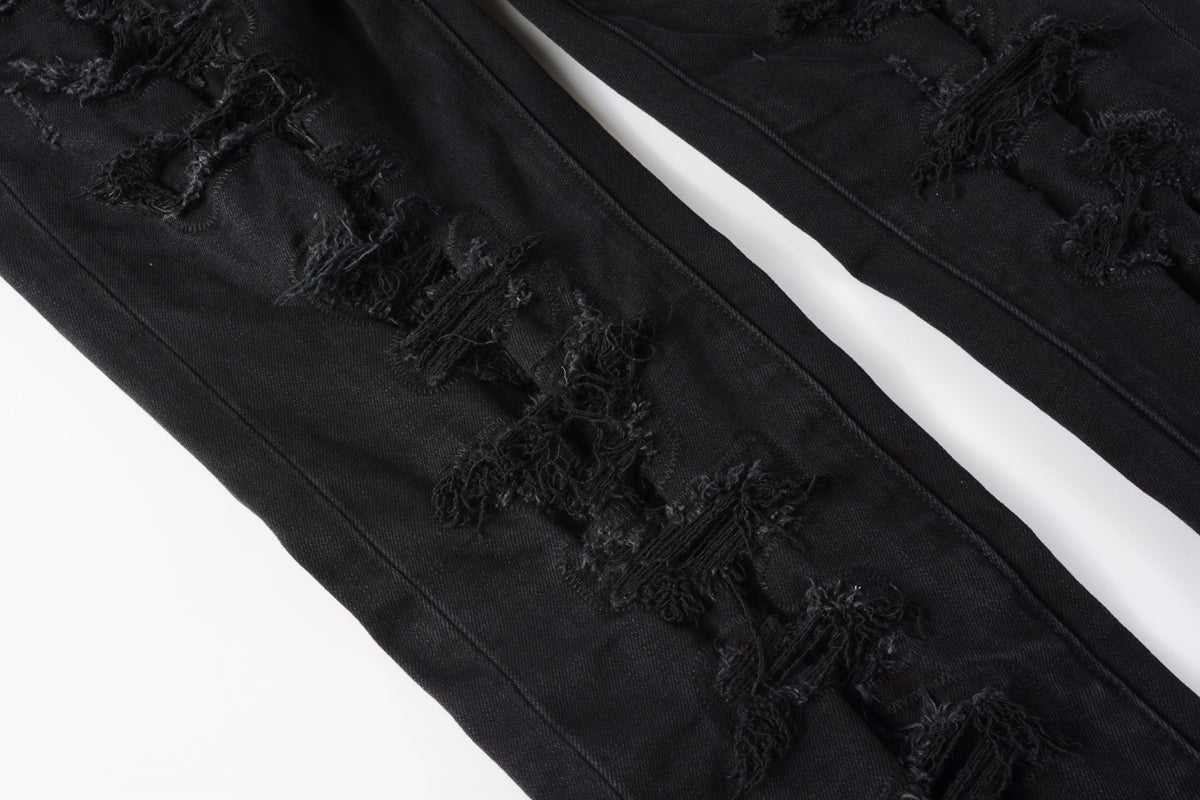 PURPLE Men Distressed Black Skinny Jeans with Heavy Ripped Design and Grunge Streetwear Vibe 9108