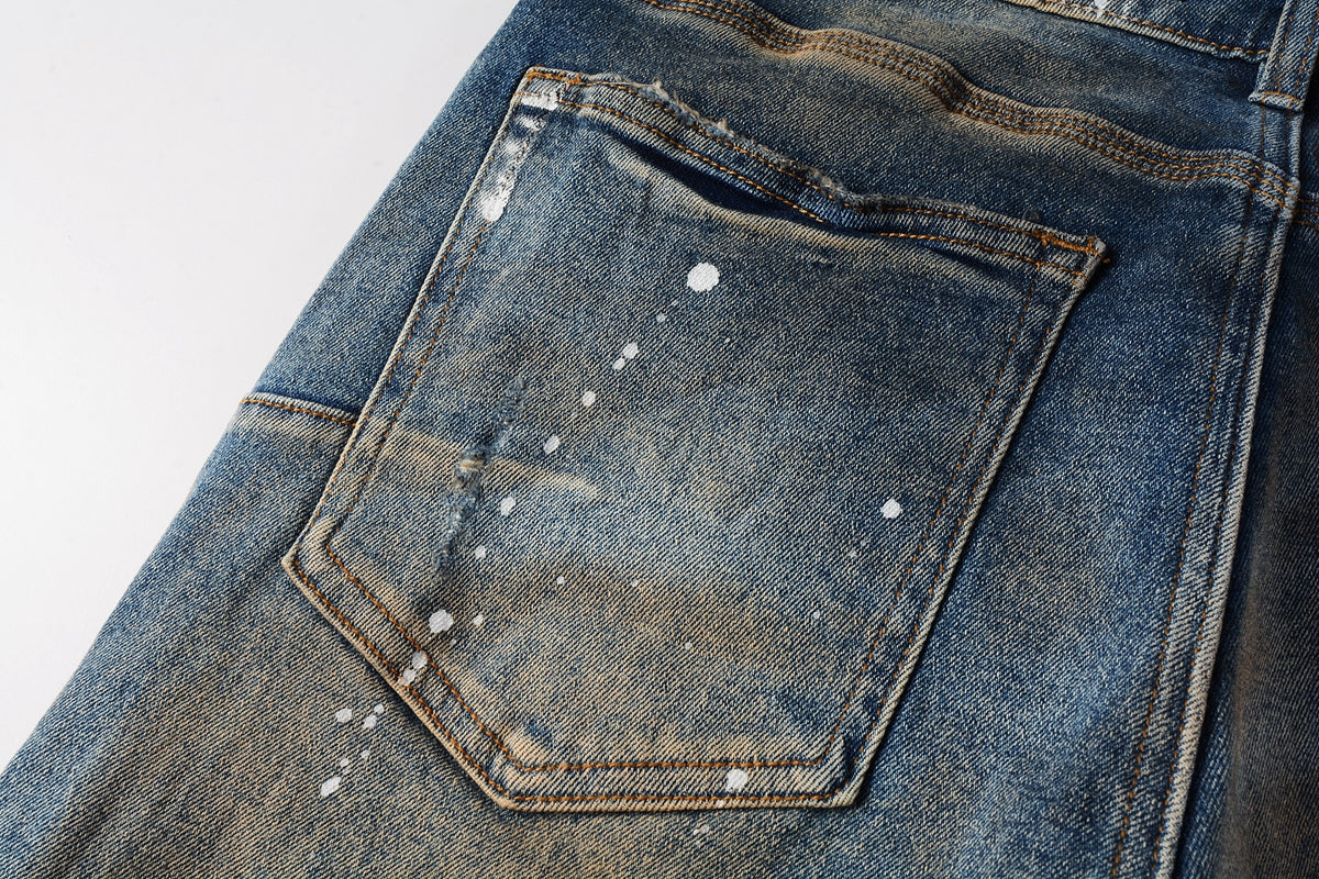 PURPLE Men Streetwear Skinny Jeans Light Blue Wash with Distressed Rips and White Paint Splatter 9012
