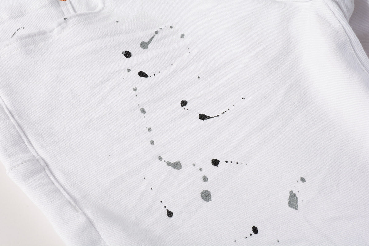 PURPLE Men Streetwear Skinny Jeans White Wash with Black Paint Splatter and Distressed Rip 9021