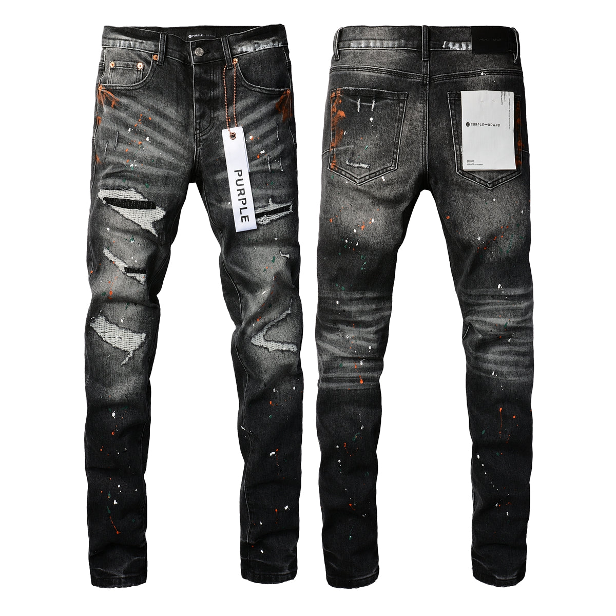 PURPLE Men Streetwear Skinny Jeans Dark Gray Wash with Distressed Rips and Multi-Color Paint Splatter 9018