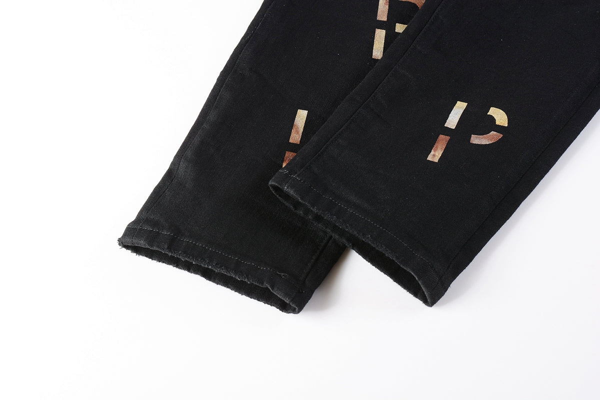 PURPLE Men Streetwear Skinny Jeans Black Wash with All-Over Metallic Gold "P" Print 9008