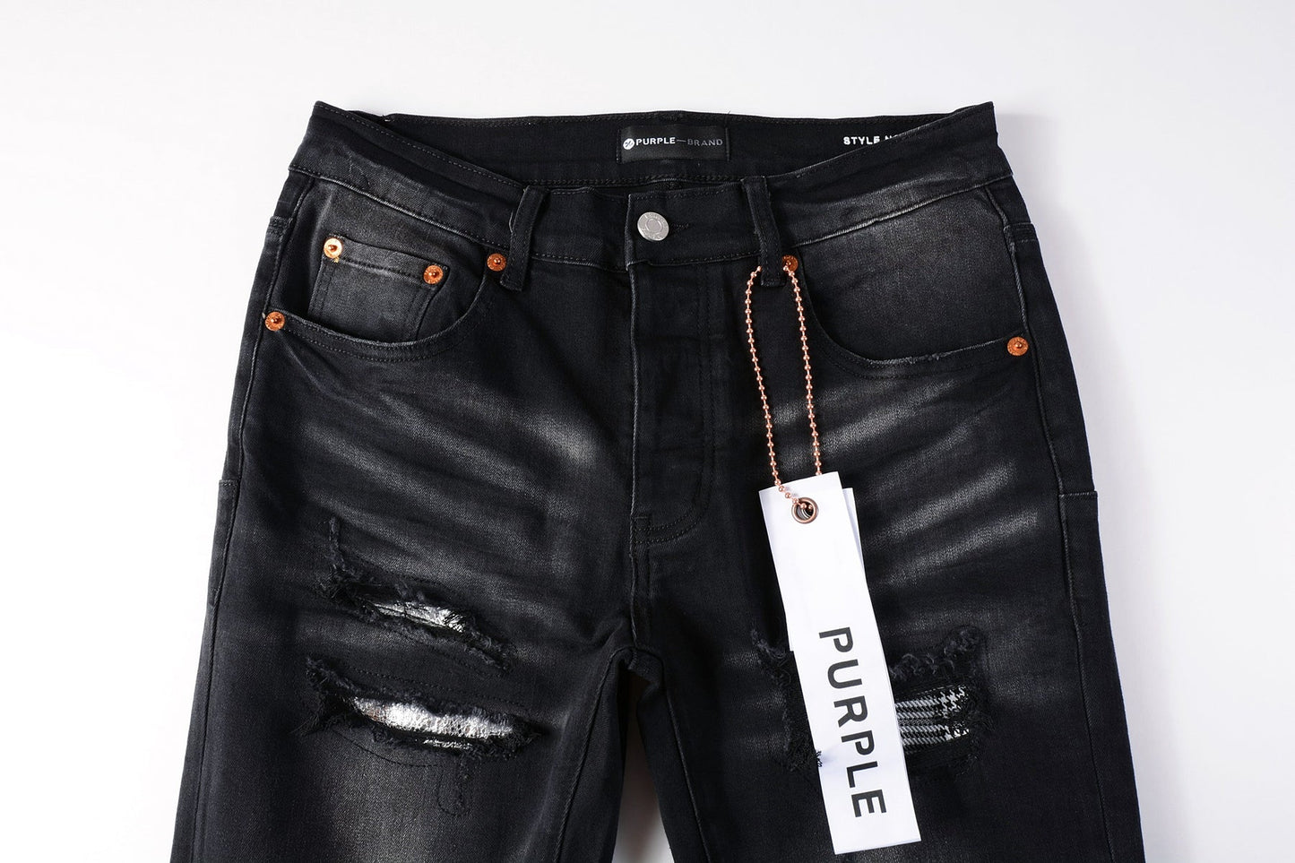 PURPLE Men Streetwear Skinny Jeans Black Wash with Distressed Rips, Checkered Patches and White Paint Splatter 9001