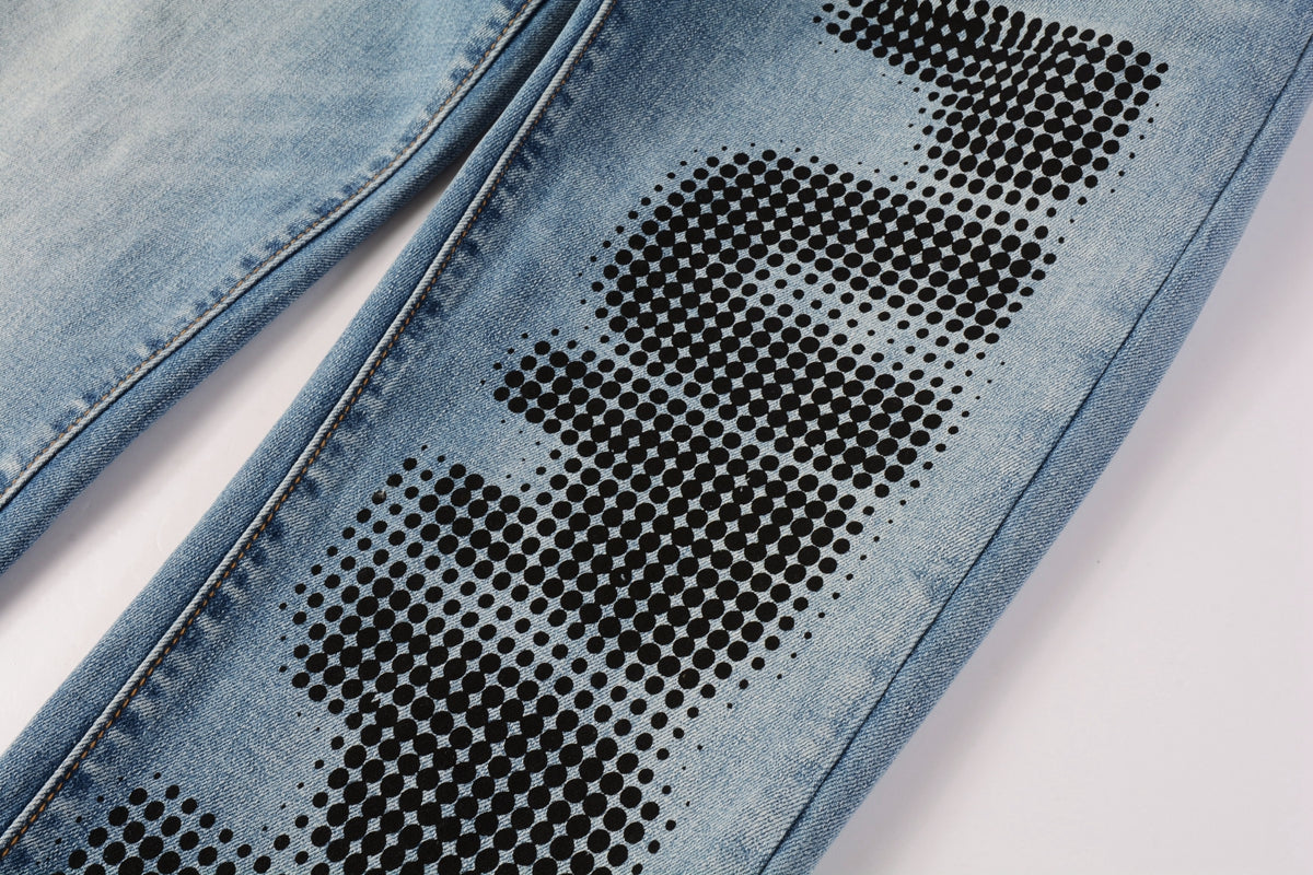 PURPLE Men Streetwear Skinny Jeans Light Blue Wash with Black Pixelated Pattern Print 9052