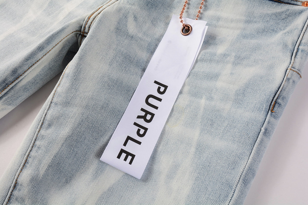 PURPLE Men Streetwear Skinny Jeans Light Blue Wash with White Brushstroke Texture 7017