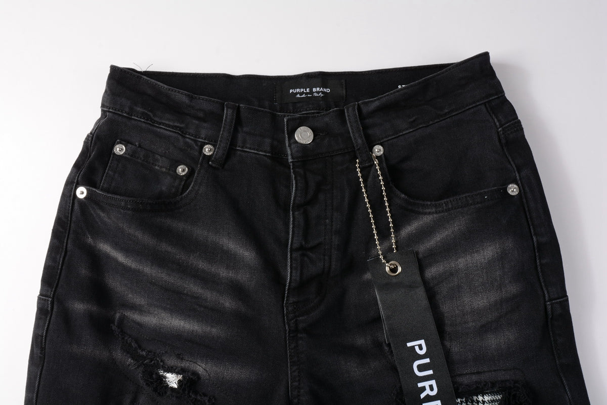 PURPLE Men Streetwear Denim Shorts Black Wash with Distressed Rips and Plaid Patches 5001
