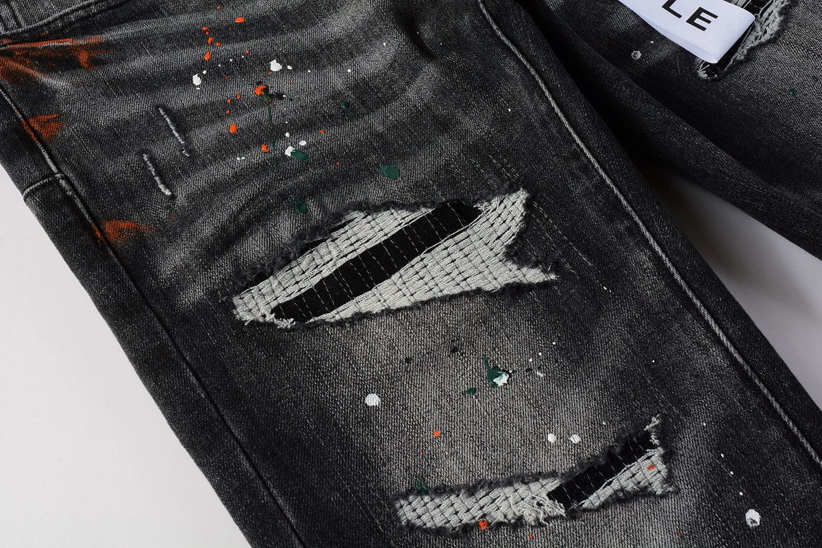 PURPLE Men Streetwear Skinny Jeans Dark Gray Wash with Distressed Rips and Multi-Color Paint Splatter 9018
