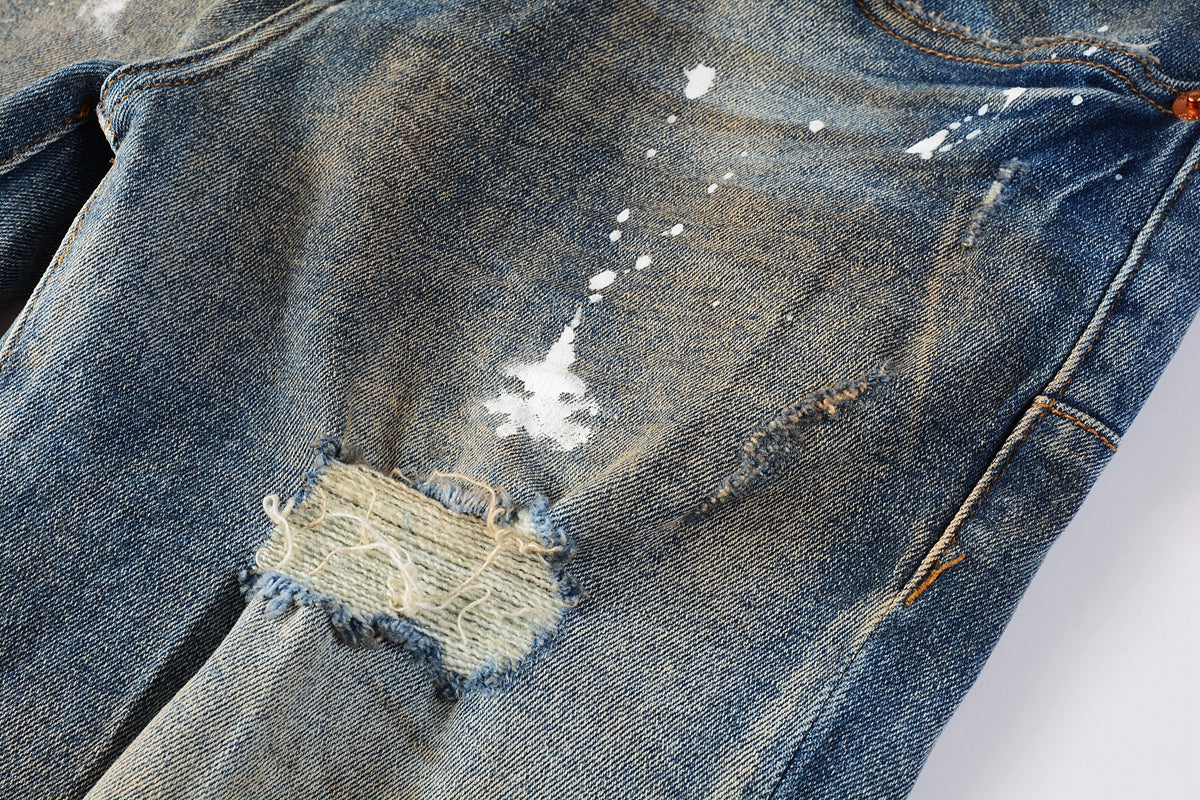 PURPLE Men Streetwear Skinny Jeans Light Blue Wash with Distressed Rips and White Paint Splatter 9012
