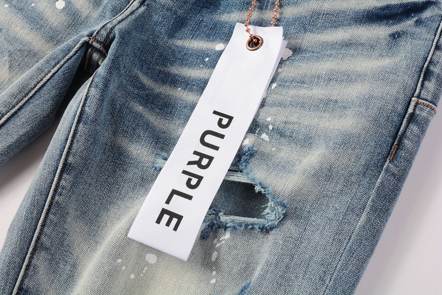 PURPLE Men Streetwear Skinny Jeans Light Blue Wash with Heavy Distressed Rips and White Paint Splatter 9003