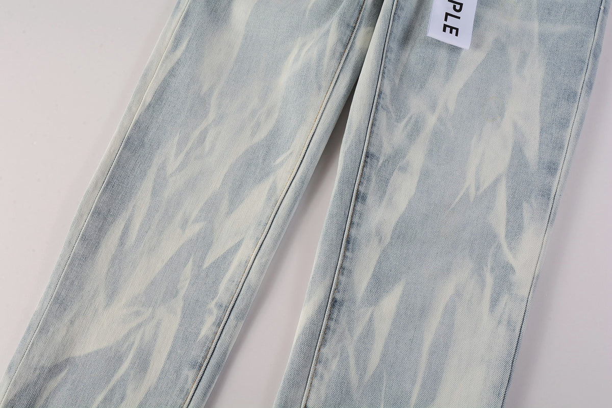 PURPLE Men Streetwear Skinny Jeans Light Blue Wash with White Brushstroke Texture 7017