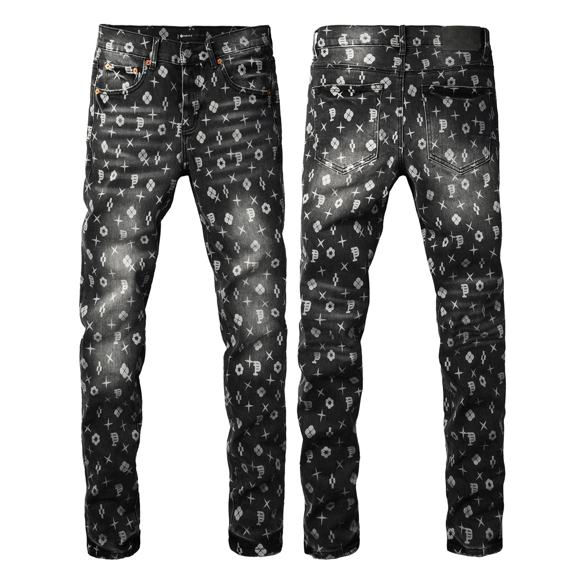 PURPLE Men Classic Street Skinny Jeans Dark Grey Monogram Print All Over Distressed Style 9112