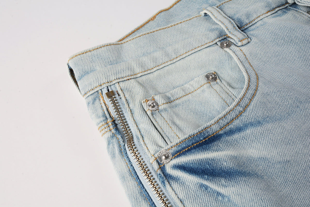 PURPLE Men Streetwear Denim Shorts Light Blue Wash with Side Zipper and Distressed Raw Hem 5086